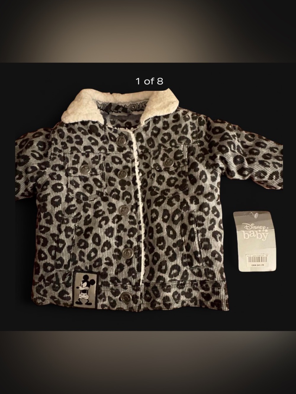 Disney Baby Gray Leopard Print Button-Down Jacket with Cream Sherpa Collar